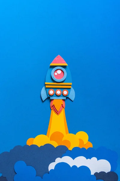 Rocket Takes Paper Craft Back School Copy Space Blue Background — Stock Photo, Image