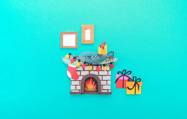 Weihnachtskamin Diy Bastelpapierkunst Urlaub Neuen Jahr Familienkonzept Blauer Hintergrund Kopierraum — Stockfoto