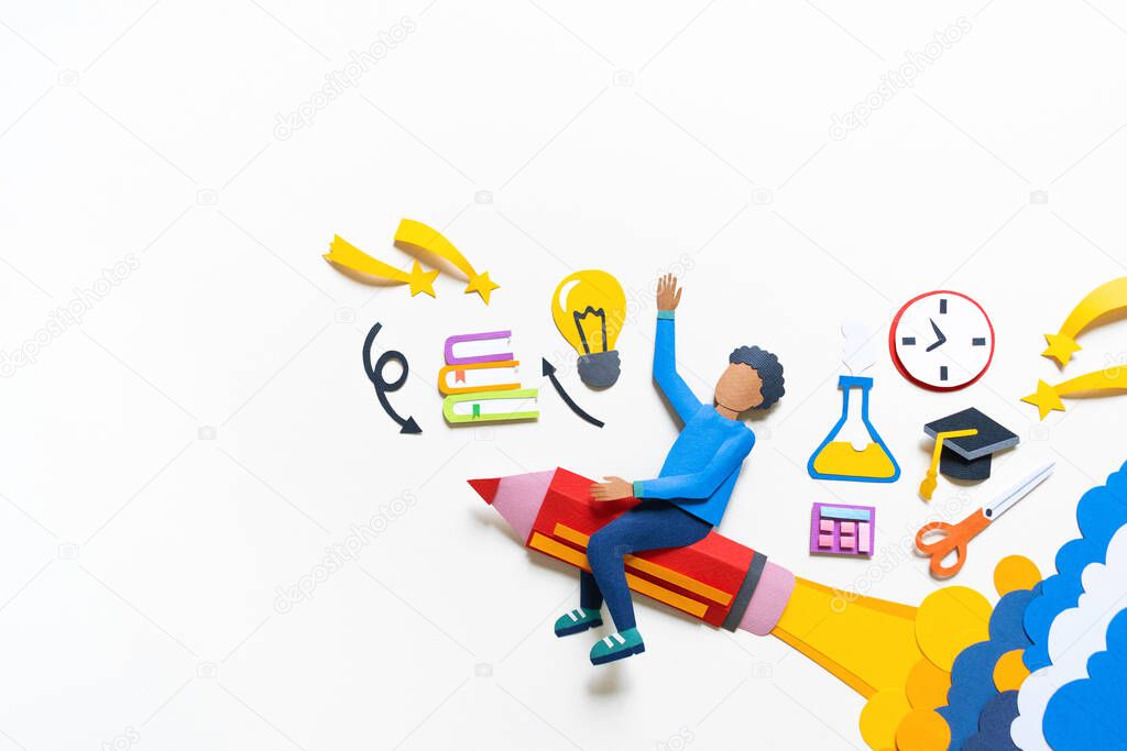 African American student flying on a pencil Paper crafrt. Education concept. White background. Schoolboy stationery items set.