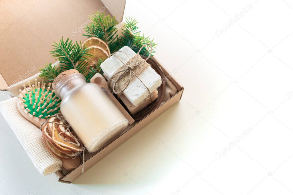 Christmas present in box. Eco friendly set. Zero Waste Ney Year Space for your greetings. Copy space