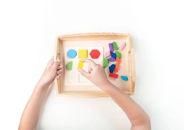 Montessori Material Hand Eines Kindes Weißer Hintergrund Kleinkindererziehung Studium Von — Stockfoto