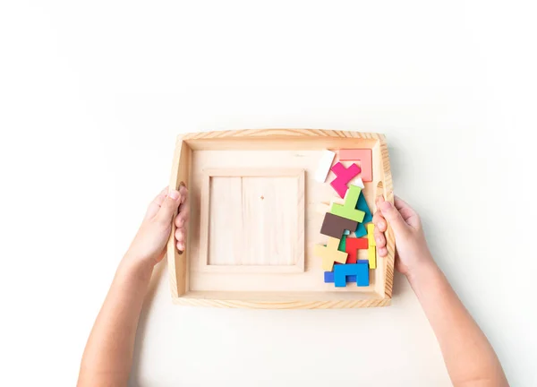 Montessori Material Hand Eines Kindes Weißer Hintergrund Kleinkindererziehung Studium Von — Stockfoto