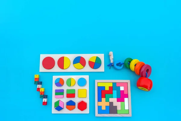 Montessori Material Educación Hogar Lección Con Niños Fondo Azul — Foto de Stock