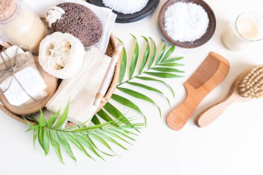 Çevre dostu kozmetikler. Vücut bakımı. Doğadan gelen ev tarifi. Beyaz arka plan. Sıfır atık, Plastiksiz.