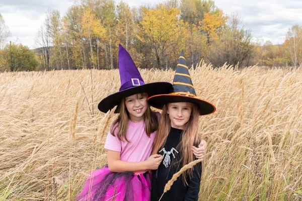 Flickvänner Halloweendräkter Leker Öppna Ytor Mystisk Miljö Barn Klädd Som — Stockfoto