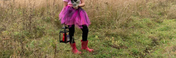 Dívka Kostýmu Čarodějnice Slaví Halloween Dítě Špičatém Klobouku Suché Travní — Stock fotografie