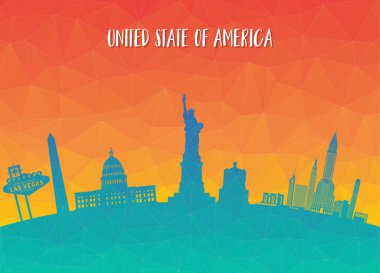 Amerika Birleşik Devlet Simgesel Yapı küresel seyahat ve yolculuk kağıt arka plan. Tasarım Template.used reklam, kitap, başlık sayfası, şablon, seyahat işletme veya sunum için vektör.