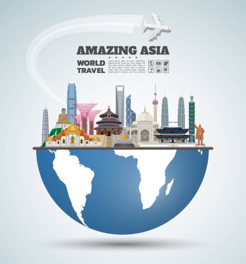 Asya ünlü dönüm noktası kağıt sanat. Küresel seyahat ve yolculuk Infographic. Vektör düz tasarım Template.vector/illustration. Afiş, iş, eğitim, Web sitesi ya da herhangi bir çizim için kullanılabilir.