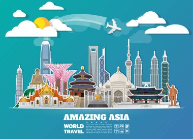 Asya ünlü dönüm noktası kağıt sanat. Küresel seyahat ve yolculuk Infographic. Vektör düz tasarım Template.vector/illustration. Afiş, iş, eğitim, Web sitesi ya da herhangi bir çizim için kullanılabilir.