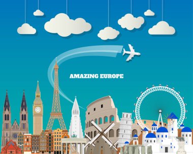 Europe ünlü dönüm noktası kağıt sanat. Küresel seyahat ve yolculuk Infographic. Vektör düz tasarım Template.vector/illustration. Afiş, iş, eğitim, Web sitesi ya da herhangi bir çizim için kullanılabilir.