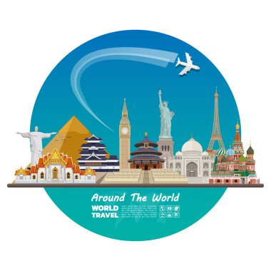 Dünya ünlü dönüm noktası kağıt sanat. Küresel seyahat ve yolculuk Infographic. Vektör düz tasarım Template.vector/illustration. Afiş, iş, eğitim, Web sitesi ya da herhangi bir çizim için kullanılabilir.