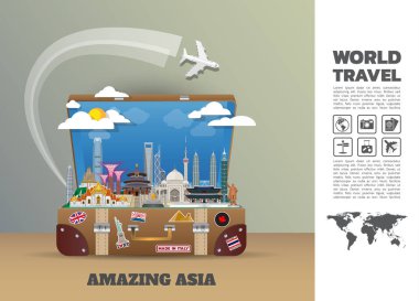 Asya ünlü dönüm noktası kağıt sanat. Küresel seyahat ve yolculuk Infographic. Vektör düz tasarım Template.vector/illustration. Afiş, iş, eğitim, Web sitesi ya da herhangi bir çizim için kullanılabilir.