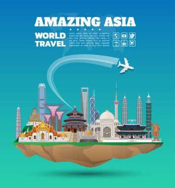 Asya ünlü dönüm noktası kağıt sanat. Küresel seyahat ve yolculuk Infographic. Vektör düz tasarım Template.vector/illustration. Afiş, iş, eğitim, Web sitesi ya da herhangi bir çizim için kullanılabilir.