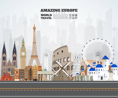 Europe ünlü dönüm noktası kağıt sanat. Küresel seyahat ve yolculuk Infographic. Vektör düz tasarım Template.vector/illustration. Afiş, iş, eğitim, Web sitesi ya da herhangi bir çizim için kullanılabilir.