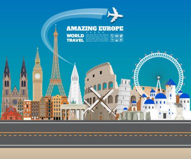 Europe ünlü dönüm noktası kağıt sanat. Küresel seyahat ve yolculuk Infographic. Vektör düz tasarım Template.vector/illustration. Afiş, iş, eğitim, Web sitesi ya da herhangi bir çizim için kullanılabilir.