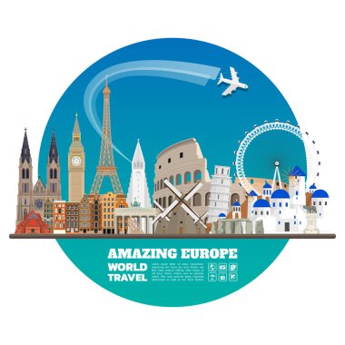 Europe ünlü dönüm noktası kağıt sanat. Küresel seyahat ve yolculuk Infographic. Vektör düz tasarım Template.vector/illustration. Afiş, iş, eğitim, Web sitesi ya da herhangi bir çizim için kullanılabilir.