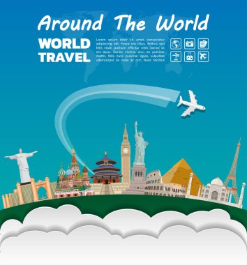 Dünya ünlü dönüm noktası kağıt sanat. Küresel seyahat ve yolculuk Infographic. Vektör düz tasarım Template.vector/illustration. Afiş, iş, eğitim, Web sitesi ya da herhangi bir çizim için kullanılabilir.