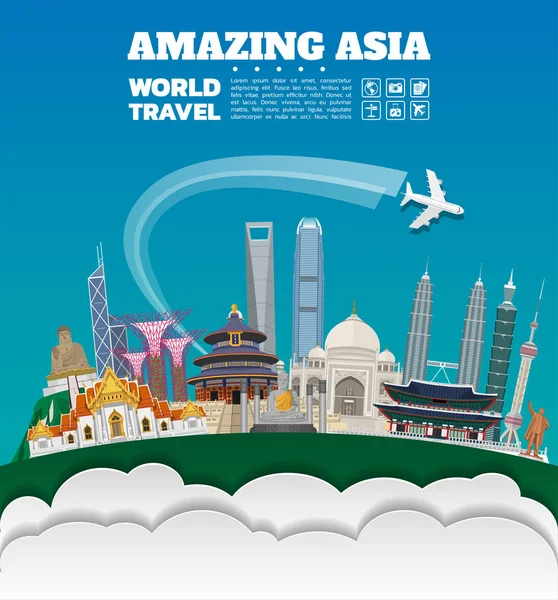 Asie Célèbre Landmark Paper Art Infographie Mondiale Des Voyages Des — Image vectorielle