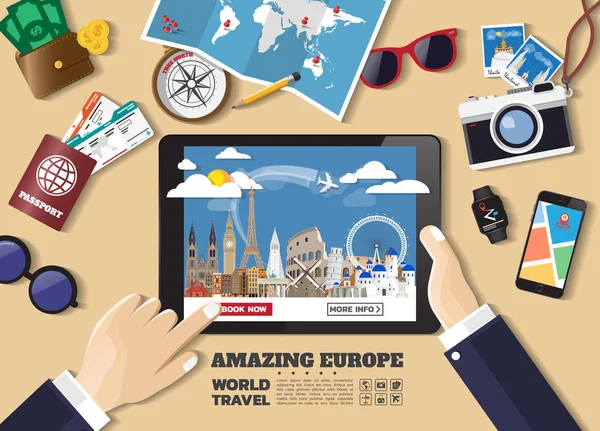 Europa Famosa Arte Papel Marco Global Travel Journey Infographic Inglês — Vetor de Stock