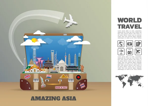 Asia Arte Papel Famoso Hito Global Travel Journey Infographic Inglés — Vector de stock