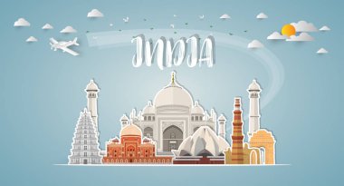 Hindistan Küresel Seyahat ve Seyahat kağıt arka planı. Vektör Tasarım Şablonu. Reklam, kitap, afiş, şablon, seyahat işi veya sunumunuz için kullanılır