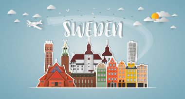 İsveç Küresel Seyahat ve Seyahat kağıt arka planı. Vektör Tasarım Şablonu. Reklam, kitap, afiş, şablon, seyahat işi veya sunumunuz için kullanılır