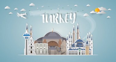 Türkiye Küresel Seyahat ve Seyahat kağıt arka planı. Vektör Tasarım Şablonu. Reklam, kitap, afiş, şablon, seyahat işi veya sunumunuz için kullanılır