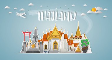 Tayland Landmark Global Seyahat ve Seyahat kağıt arka planı. Vektör Tasarım Şablonu. Reklam, kitap, afiş, şablon, seyahat işi veya sunumunuz için kullanılır