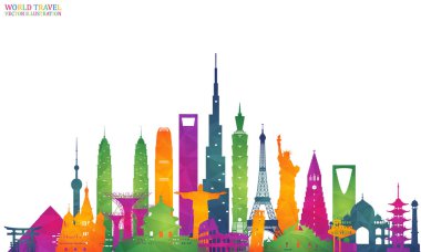 Dünya Ünlü simgesel yapı renkli sanat. Küresel seyahat ve yolculuk Infographic geri. Vektör düz tasarım Template.vector/illustration. Afiş, iş, eğitim, Web sitesi ya da herhangi bir çizim için kullanılabilir.