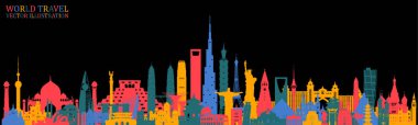Dünya Ünlü simgesel yapı renkli sanat. Küresel seyahat ve yolculuk Infographic geri. Vektör düz tasarım Template.vector/illustration. Afiş, iş, eğitim, Web sitesi ya da herhangi bir çizim için kullanılabilir.