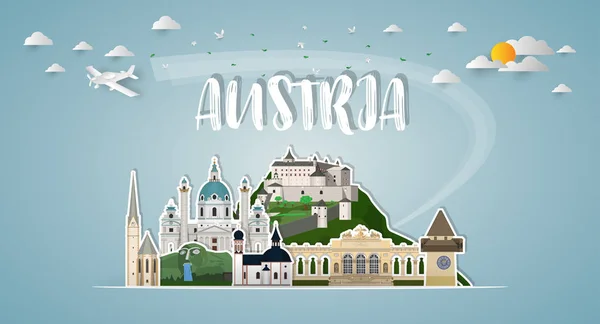 Austria Landmark Global Travel Journey Fondo Papel Vector Design Template — Archivo Imágenes Vectoriales