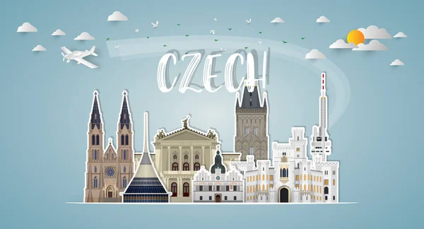 Τσεχική Ορόσημο Παγκόσμιο Ταξίδι Και Ταξίδι Χαρτί Υπόβαθρο Του Φορέα — Διανυσματικό Αρχείο