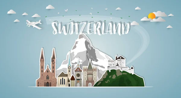 Suiza Landmark Global Travel Journey Fondo Papel Vector Design Template — Vector de stock