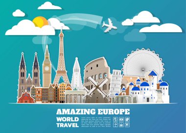 Simgesel Yapı küresel seyahat ve yolculuk Kağıt arka plan. Tasarım Template.used reklam, kitap, başlık sayfası, şablon, seyahat işletme veya sunum için vektör