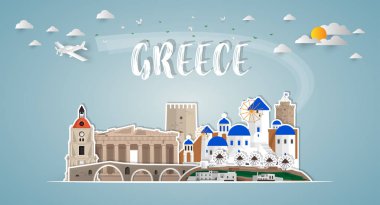 Yunanistan Simgesel Yapı küresel seyahat ve yolculuk kağıt arka plan. Tasarım Template.used reklam, kitap, başlık sayfası, şablon, seyahat işletme veya sunum için vektör