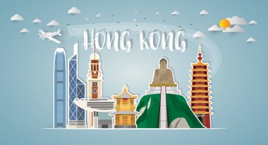 Hong Kong Landmark Global Seyahat ve Seyahat kağıt arka planı. Vektör Tasarım Şablonu. Reklam, kitap, afiş, şablon, seyahat işi veya sunumunuz için kullanılır