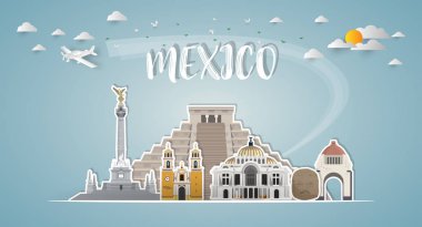 Mexico Landmark Global Seyahat ve Seyahat kağıt arka planı. Vektör Tasarım Şablonu. Reklam, kitap, afiş, şablon, seyahat işi veya sunumunuz için kullanılır.