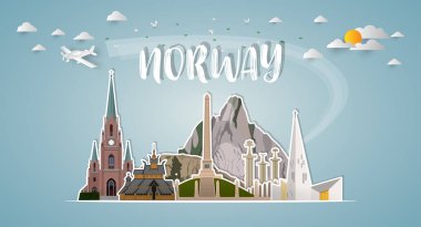 Norveç Küresel Seyahat ve Seyahat kağıt arka planı. Vektör Tasarım Şablonu. Reklam, kitap, afiş, şablon, seyahat işi veya sunumunuz için kullanılır.