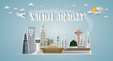 Suudi Arabistan Küresel Seyahat ve Seyahat kağıt geçmişi. Vektör Tasarım Şablonu. Reklam, kitap, afiş, şablon, seyahat işi veya sunumunuz için kullanılır.