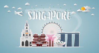 Singapur Landmark Global Seyahat ve Seyahat kağıt arka planı. Vektör Tasarım Şablonu. Reklam, kitap, afiş, şablon, seyahat işi veya sunumunuz için kullanılır.