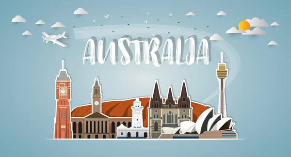 Avustralya Simgesel Yapı Küresel Seyahat Yolculuk Kağıt Arka Plan Tasarım — Stok Vektör