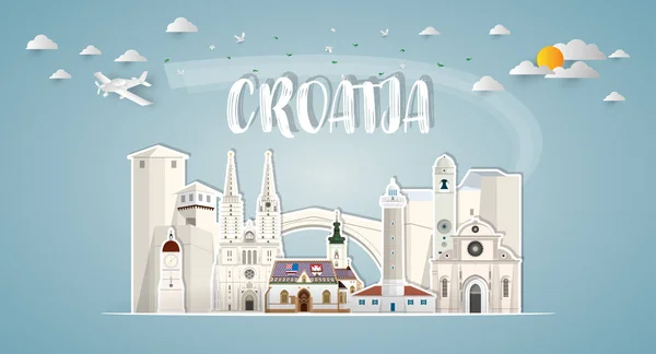Croazia Punto Riferimento Globale Viaggi Viaggi Sfondo Carta Vector Design — Vettoriale Stock