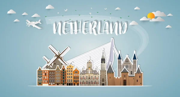 Países Bajos Landmark Global Travel Journey Fondo Papel Vector Design — Vector de stock