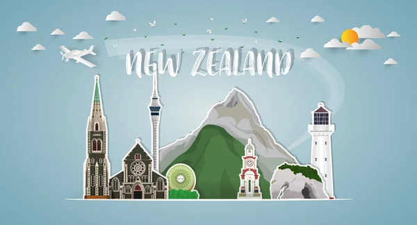 New Zealand Landmark Global Travel Journey Paper Background Vector Design — Vetor de Stock