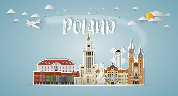 Polonia Landmark Global Travel Journey Fondo Papel Vector Design Template — Vector de stock