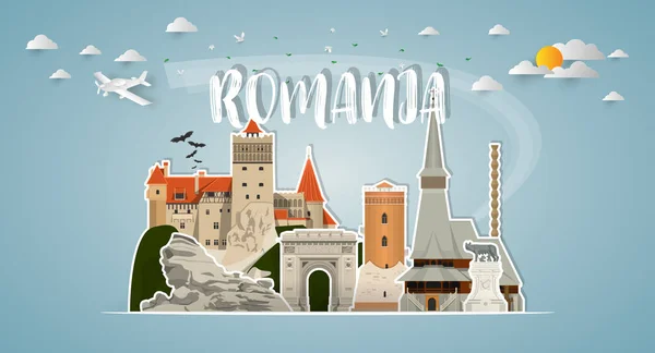 Romania Punto Riferimento Globale Viaggi Viaggio Sfondo Carta Vector Design — Vettoriale Stock