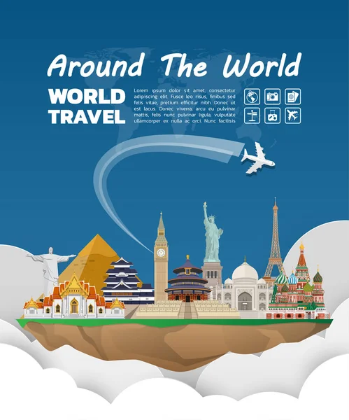 Dünya ünlü dönüm noktası kağıt sanat. Küresel seyahat ve yolculuk Infographic. Vektör düz tasarım Template.vector/illustration. Afiş, iş, eğitim, Web sitesi ya da herhangi bir çizim için kullanılabilir.