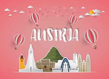 Avusturya Simgesel Yapı küresel seyahat ve yolculuk kağıt arka plan. Tasarım Template.used reklam, kitap, başlık sayfası, şablon, seyahat işletme veya sunum için vektör.