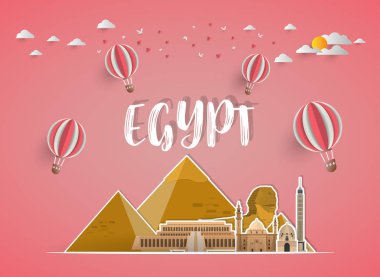 Mısır Küresel Seyahat ve Seyahat kağıt arka planı. Vektör Tasarım Şablonu. Reklam, kitap, afiş, şablon, seyahat işi veya sunumunuz için kullanılır