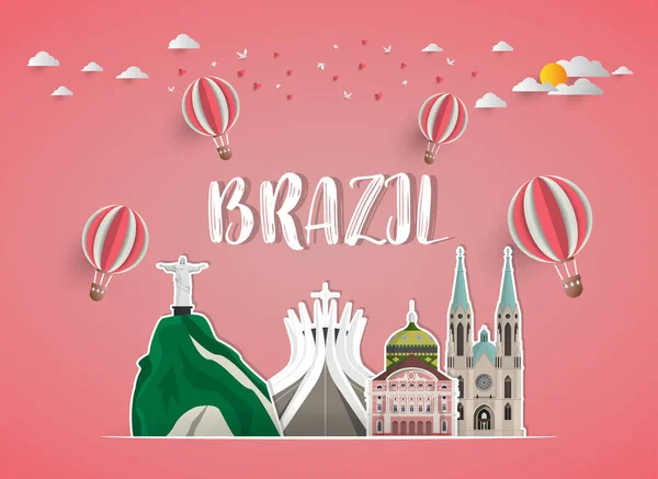 Papírové Pozadí Brazílie Mezník Globální Cestování Cestování Vektor Design Template — Stockový vektor